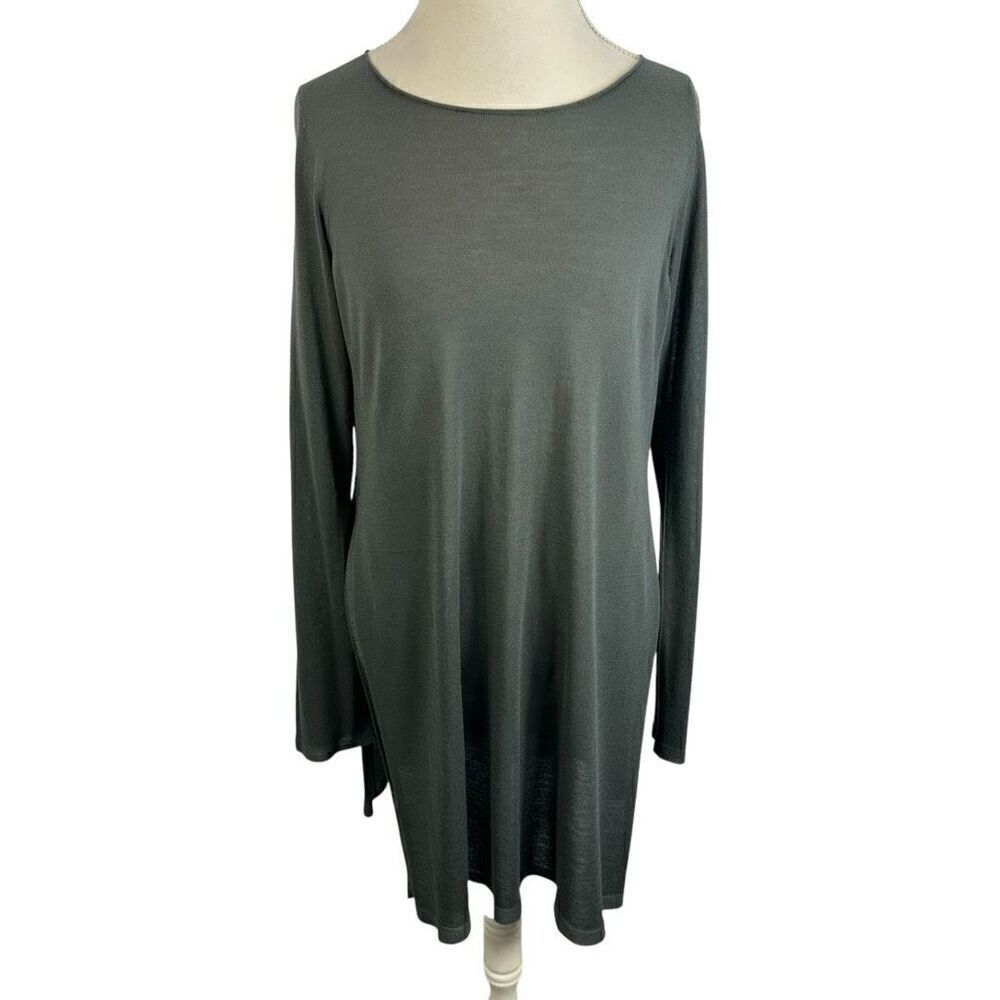 Eileen Fisher System Gray Long Tunic Top Fine Knit Tencel Semi Sheer Size M - Picture 2 of 10